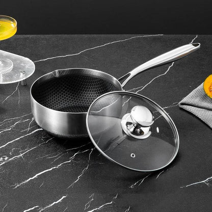 18cm 316L Stainless Steel Saucepan Compound Steel Honeycomb Nonstick Sauce Pan with Glass Lid 1.5L Pot Stay-Cool Handle Multipurpose Milk Saucepan, Induction Capable and Gas Stove - Mekamart Australia