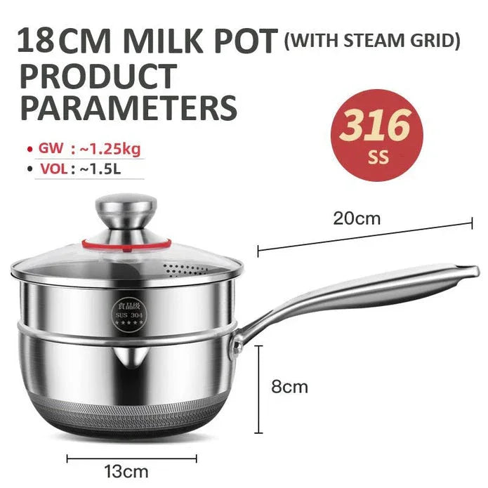 18cm 316L Stainless Steel Saucepan Compound Steel Honeycomb Nonstick Sauce Pan with Glass Lid 1.5L Pot Stay-Cool Handle Multipurpose Milk Saucepan, Induction Capable and Gas Stove - Mekamart Australia