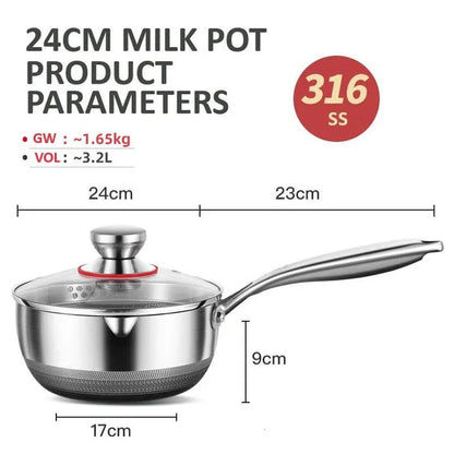 24cm 316L Stainless Steel Saucepan Compound Steel Honeycomb Nonstick Sauce Pan with Glass Lid 3.2L Pot Stay-Cool Handle Multipurpose Milk Saucepan, Induction Capable and Gas Stove - Mekamart Australia