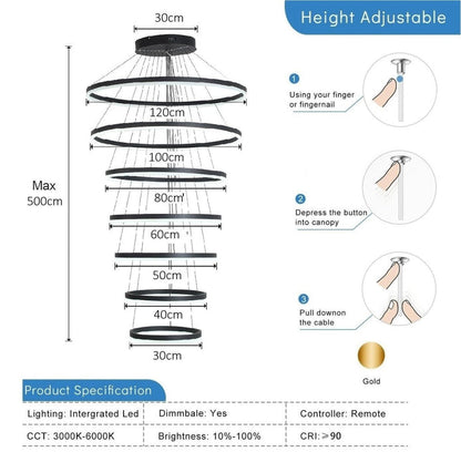 BAMDECOR A18815 Nordic Home Decor Dining Room Pendant lamp lights Ceiling Lamp Hanging Light Chandelier Lamps (7 Rings-Black)