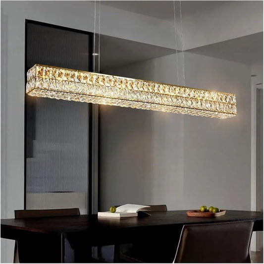 BAMDECOR C3332/L Linear Luxury Crystal Chandelier Modern LED Crystal Chandelier LED Ring Pendant Light Stainless Steel Ceiling Lamp Hanging Lights,for Dining Living Room (Gold)