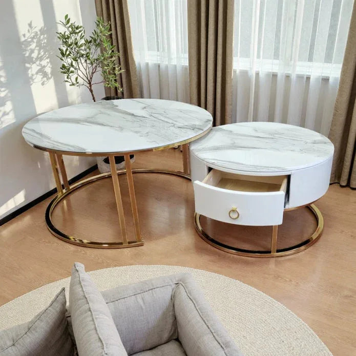 Snowy Mountain Faux Modern Marble Slate Nesting Coffee Table Set Leather Wrapped Wood Drawers - Mekamart Australia