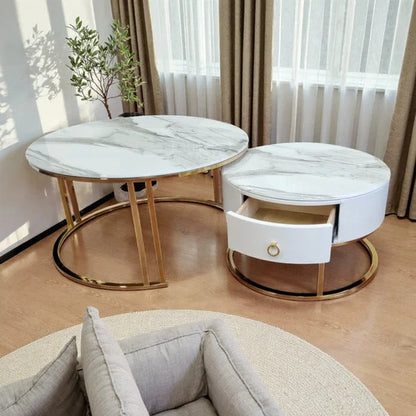 Snowy Mountain Faux Modern Marble Slate Nesting Coffee Table Set Leather Wrapped Wood Drawers - Mekamart Australia