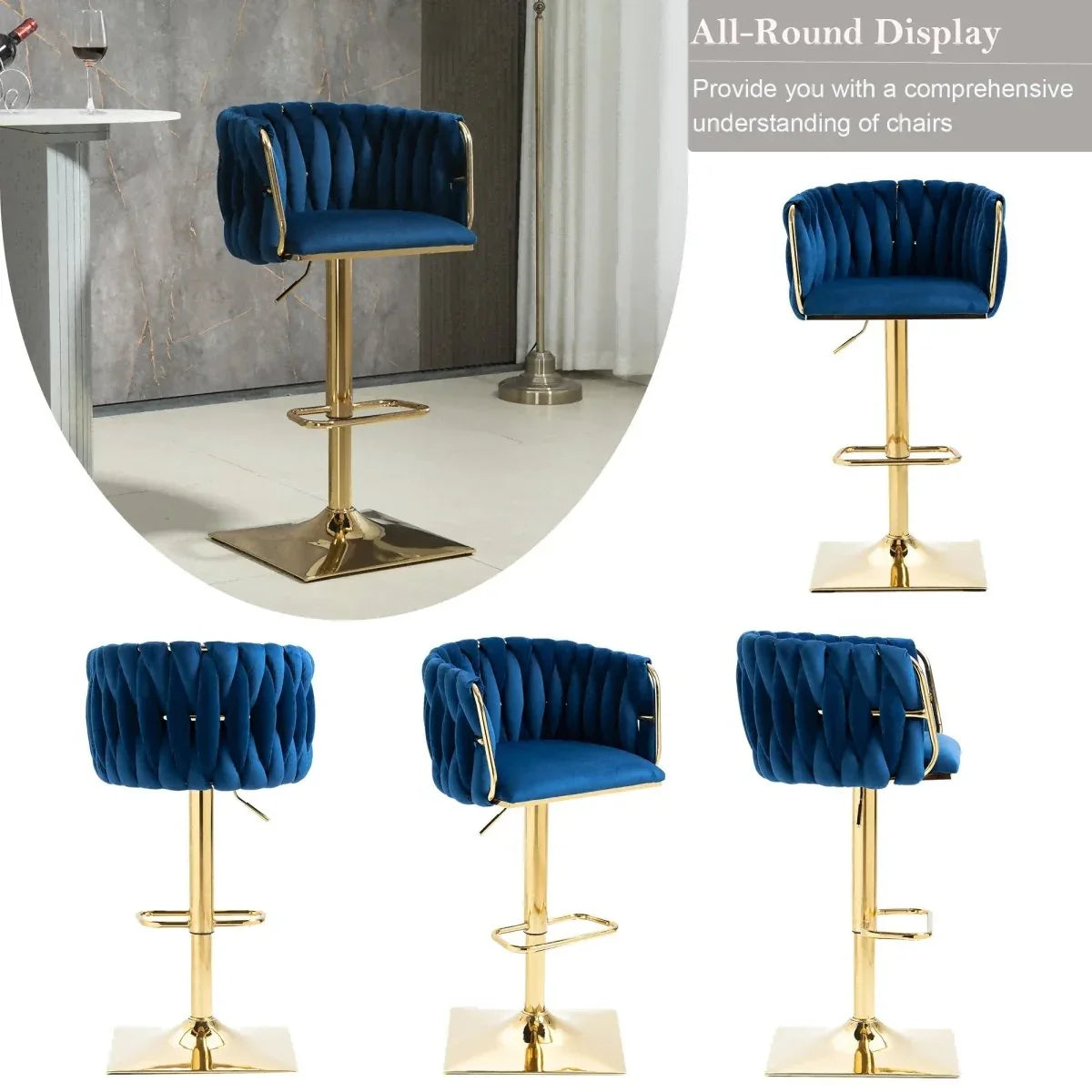 SERENITà Modern Velvet Breakfast Bar Stools Swivel Barstools Adjustable Counter Stools with Backrest Set of 2 Navy Blue - Mekamart Australia
