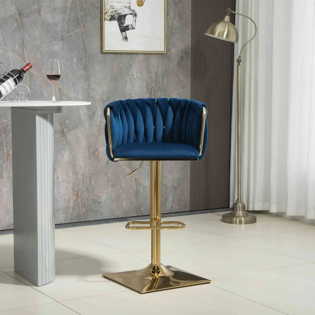 SERENITà Modern Velvet Breakfast Bar Stools Swivel Barstools Adjustable Counter Stools with Backrest Set of 2 Navy Blue - Mekamart Australia