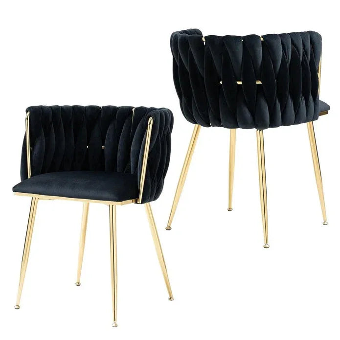 SERENITà Black Modern Hand Weaving Dining Chairs,Velvet Upholstered Side Chairs with Gold Legs, Chic Vanity Chairs with Armrest, Accent Chair for Dining Room, and Cafe Set of 2 - Mekamart Australia