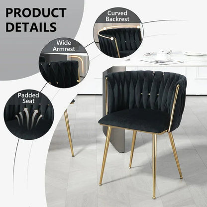 SERENITà Black Modern Hand Weaving Dining Chairs,Velvet Upholstered Side Chairs with Gold Legs, Chic Vanity Chairs with Armrest, Accent Chair for Dining Room, and Cafe Set of 2 - Mekamart Australia