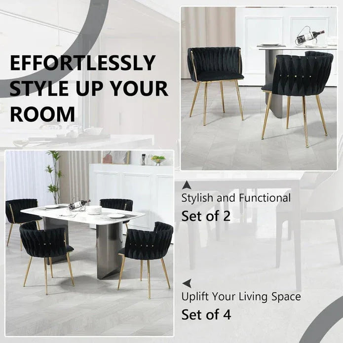 SERENITà Black Modern Hand Weaving Dining Chairs,Velvet Upholstered Side Chairs with Gold Legs, Chic Vanity Chairs with Armrest, Accent Chair for Dining Room, and Cafe Set of 2 - Mekamart Australia