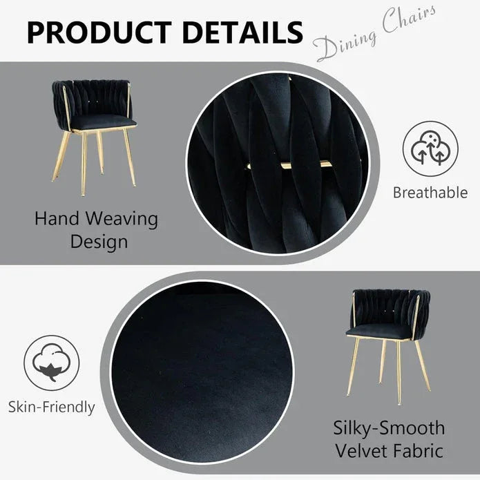 SERENITà Black Modern Hand Weaving Dining Chairs,Velvet Upholstered Side Chairs with Gold Legs, Chic Vanity Chairs with Armrest, Accent Chair for Dining Room, and Cafe Set of 2 - Mekamart Australia