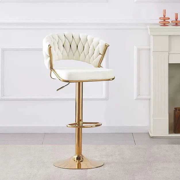 2x Height Beige Velvet Padded Golden Round Base Barstools Chairs - Mekamart Australia