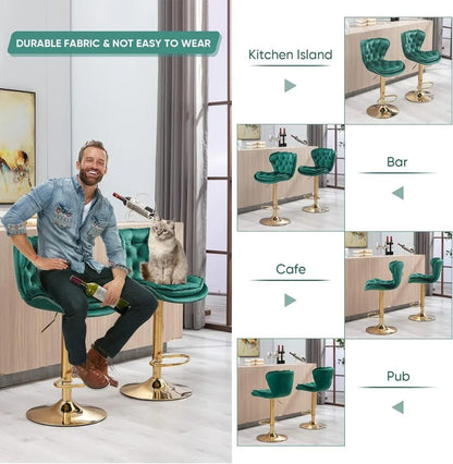 SERENITà Swivel Bar Stools Set of 2 Counter Height Barstools with Back Velvet Upholstered Adjustable Stool Chair Min Century Modern Bar Stool for Kitchen Island (Emerald Green) - Mekamart Australia