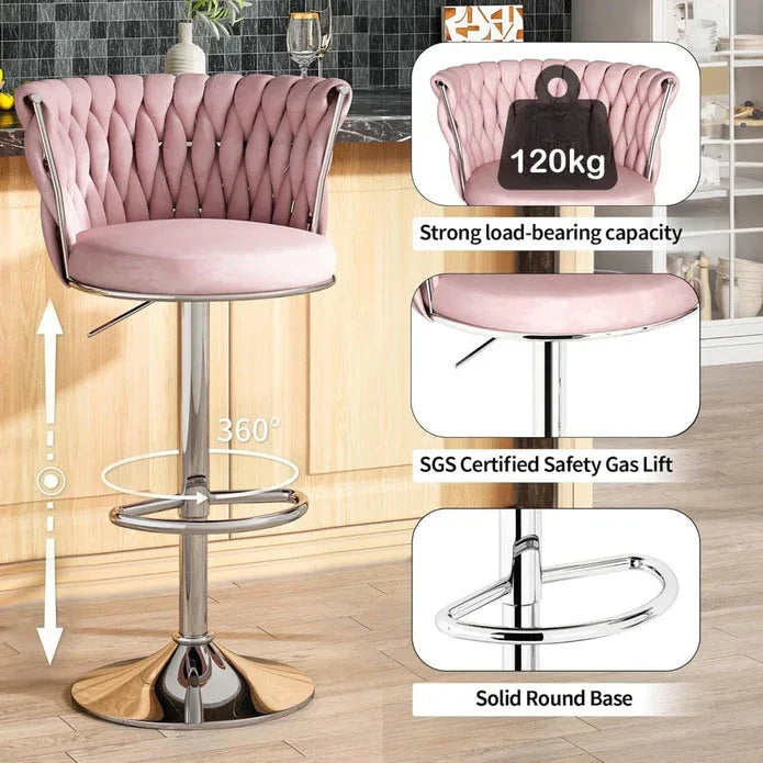 SERENITà Modern Silver Swivel Upholstered Velvet Adjustable Height Counter Stool with Metal Frame Pink (Set of 2) - Mekamart Australia