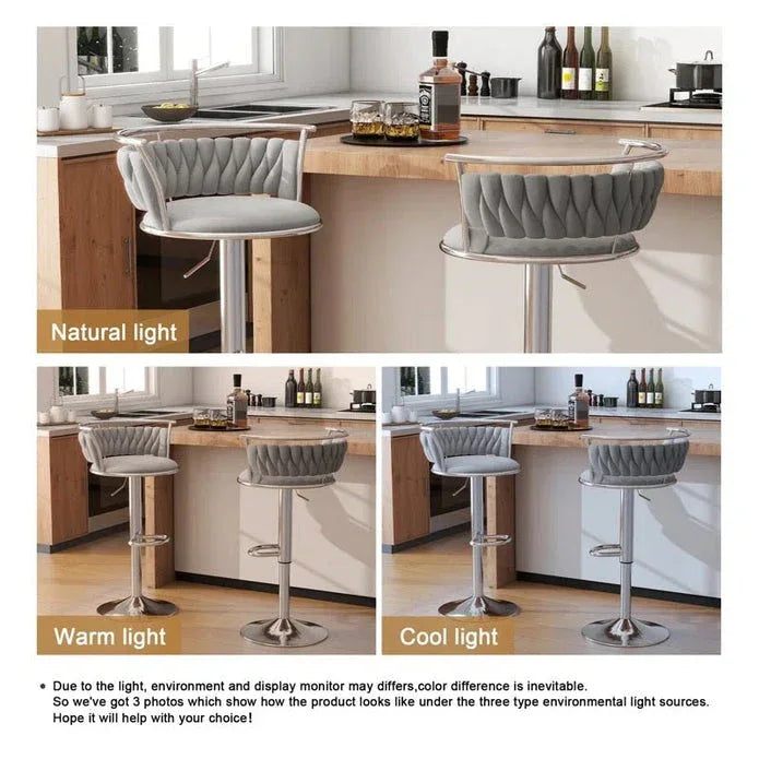 SERENITà Silver Swivel Upholstered Velvet Adjustable Height Counter Stool with Metal Frame Grey (Set of 2) - Mekamart Australia