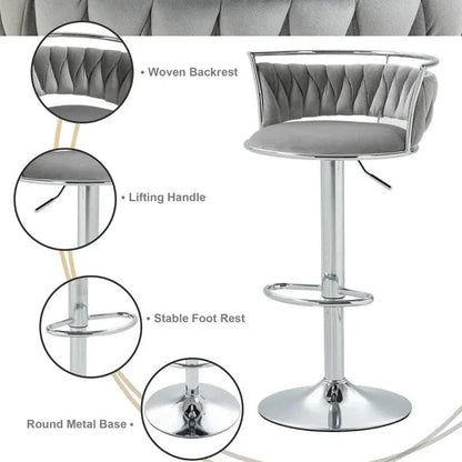 SERENITà Silver Swivel Upholstered Velvet Adjustable Height Counter Stool with Metal Frame Grey (Set of 2) - Mekamart Australia