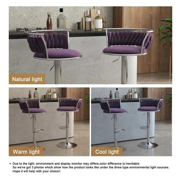 SERENITà Silver Swivel Upholstered Velvet Adjustable Height Counter Stool with Metal Frame Voilet (Set of 2) - Mekamart Australia