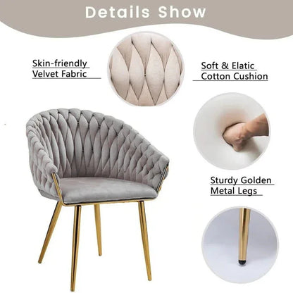 SERENITà Grey Modern Velvet Dining Chairs, Upholstered Living Room Chair with Woven Back and Golden Metal Legs, Mid-Century Accent Set of 2(Grey) - Mekamart Australia