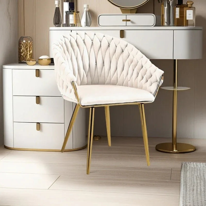 SERENITà Ivory Modern Velvet Dining Chairs, Upholstered Living Room Chair with Woven Back and Golden Metal Legs, Mid-Century Accent Set of 2(Ivory) - Mekamart Australia