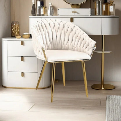 SERENITà Ivory Modern Velvet Dining Chairs, Upholstered Living Room Chair with Woven Back and Golden Metal Legs, Mid-Century Accent Set of 2(Ivory) - Mekamart Australia