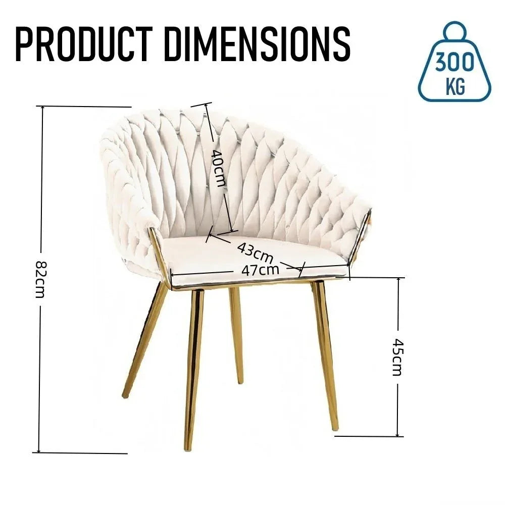 SERENITà Ivory Modern Velvet Dining Chairs, Upholstered Living Room Chair with Woven Back and Golden Metal Legs, Mid-Century Accent Set of 2(Ivory) - Mekamart Australia