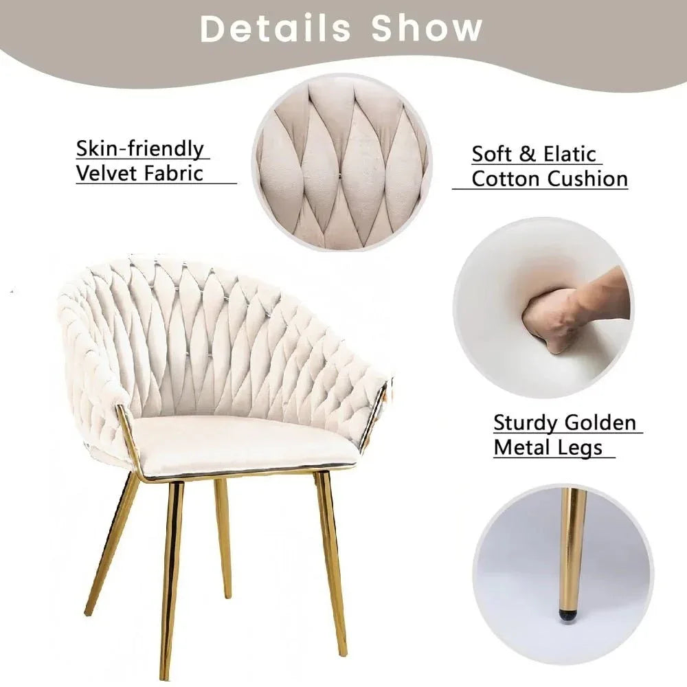 SERENITà Ivory Modern Velvet Dining Chairs, Upholstered Living Room Chair with Woven Back and Golden Metal Legs, Mid-Century Accent Set of 2(Ivory) - Mekamart Australia