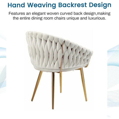 SERENITà Ivory Modern Velvet Dining Chairs, Upholstered Living Room Chair with Woven Back and Golden Metal Legs, Mid-Century Accent Set of 2(Ivory) - Mekamart Australia
