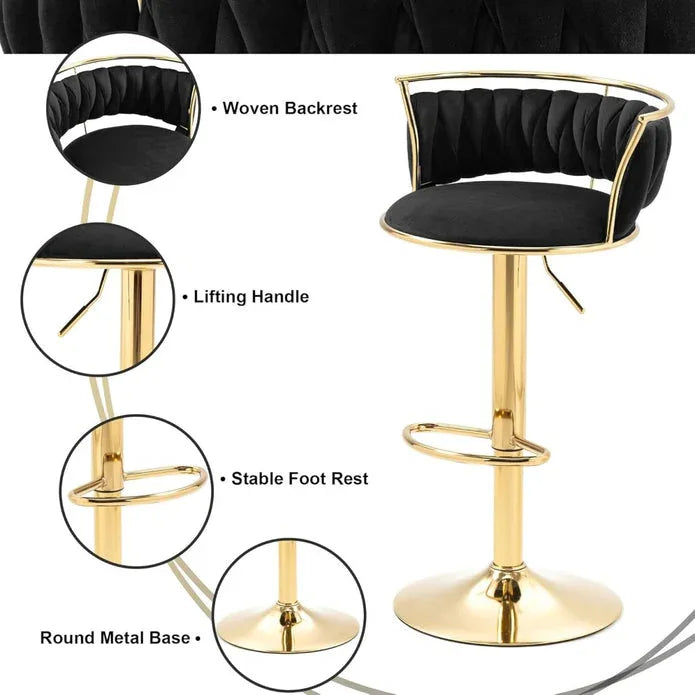 SERENITà Golden Swivel Upholstered Velvet Adjustable Height Counter Stool with Metal Frame Black (Set of 2) - Mekamart Australia