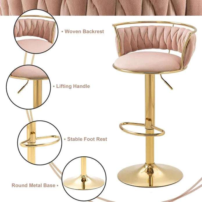 SERENITà Golden Swivel Upholstered Velvet Adjustable Height Counter Stool with Metal Frame Pink (Set of 2) - Mekamart Australia