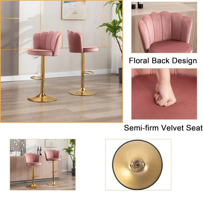 SERENITà Swivel Bar Stools Bar Height Set of 2 Adjustable Upholstered Counter Barstool Velvet Bar Chairs with Back/Gold Base for Kitchen Island/Bar/Cafe-Pink - Mekamart Australia