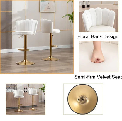 SERENITà Swivel Bar Stools Bar Height Set of 2 Adjustable Upholstered Counter Barstool Velvet Bar Chairs with Back/Gold Base for Kitchen Island/Bar/Cafe-White - Mekamart Australia