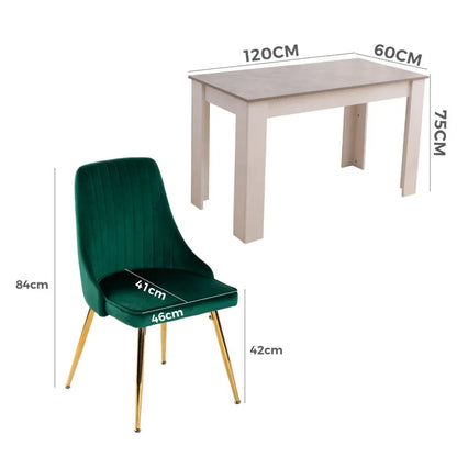 Grey Rectangular Dining Table with 4x Green Velvet Chairs - Mekamart Australia