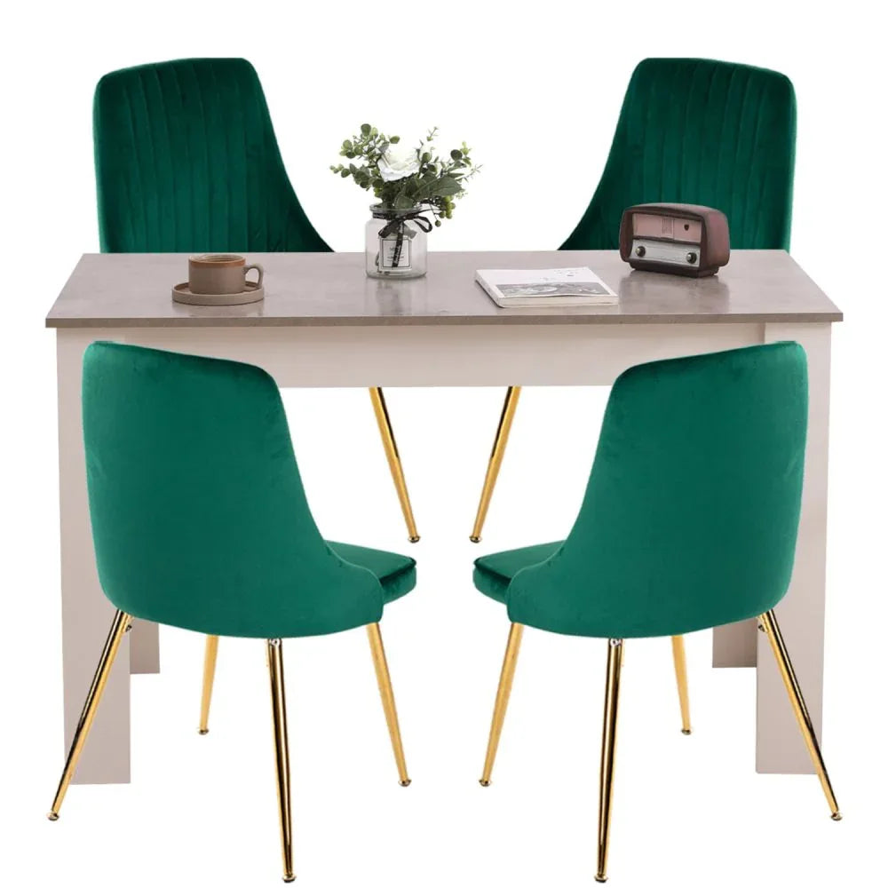 Grey Rectangular Dining Table with 4x Green Velvet Chairs - Mekamart Australia