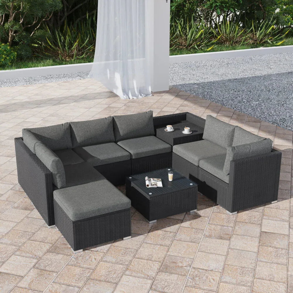 Large Modular Outdoor Ottoman Lounge Set in Black - Mekamart Australia