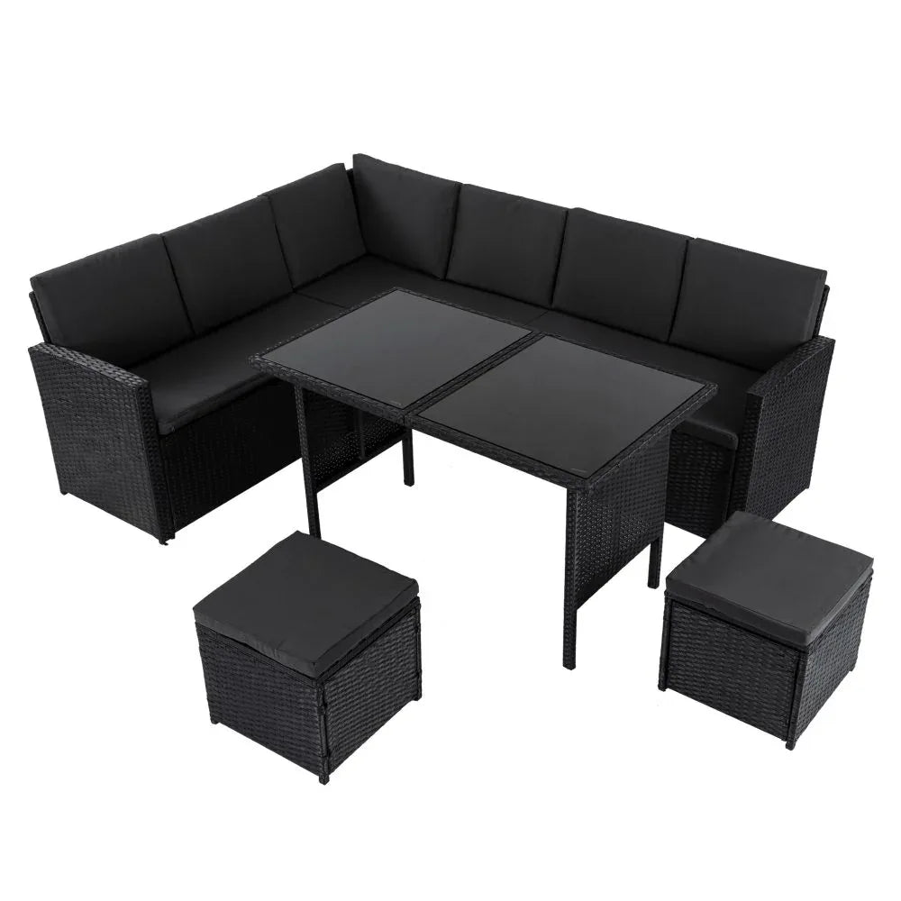 Ella 8-Seater Modular Outdoor Garden Lounge and Dining Set with Table and Stools in Black - Mekamart Australia