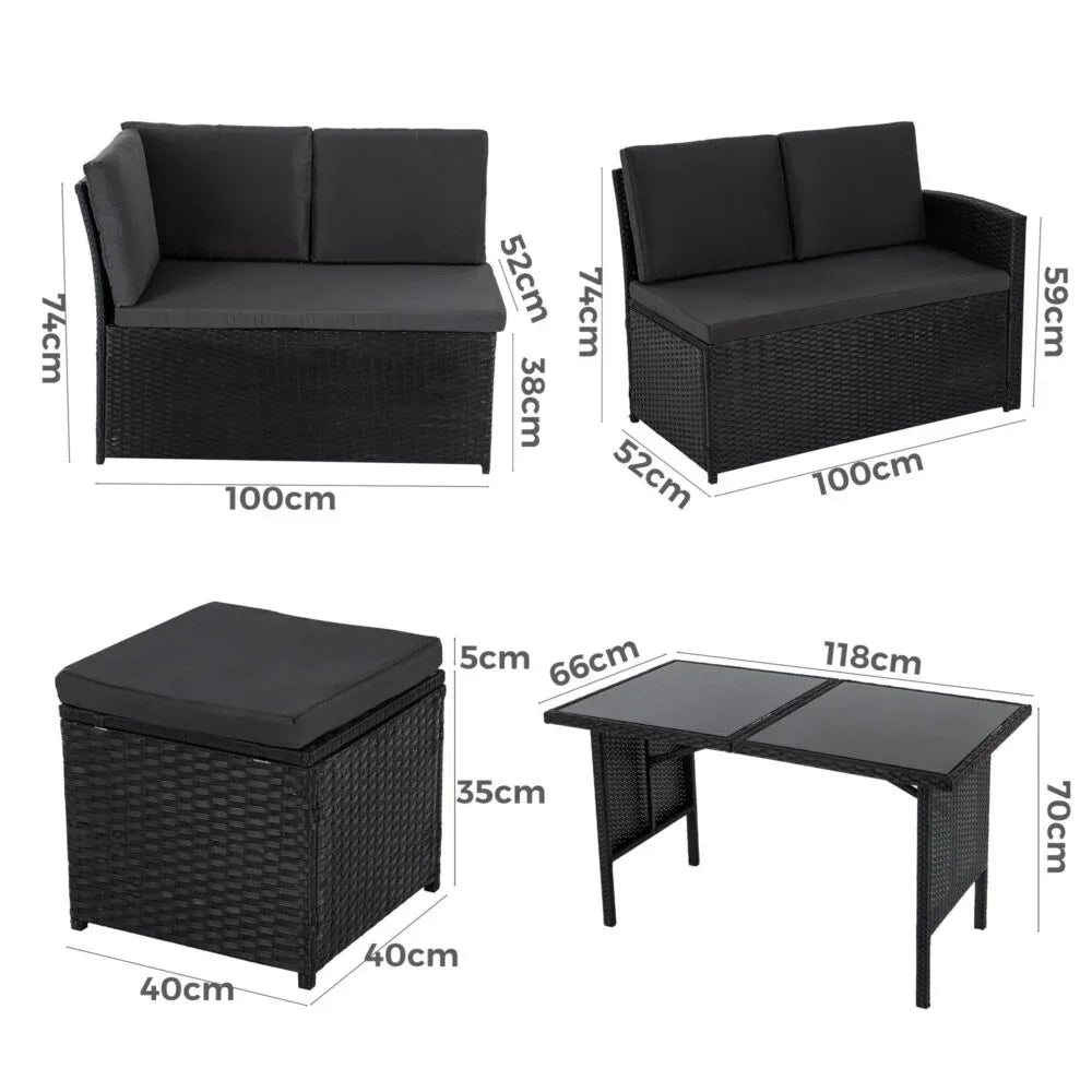 Ella 8-Seater Modular Outdoor Garden Lounge and Dining Set with Table and Stools in Black - Mekamart Australia