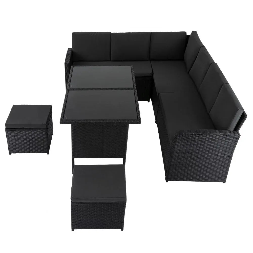 Ella 8-Seater Modular Outdoor Garden Lounge and Dining Set with Table and Stools in Black - Mekamart Australia