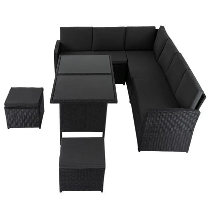 Ella 8-Seater Modular Outdoor Garden Lounge and Dining Set with Table and Stools in Black - Mekamart Australia