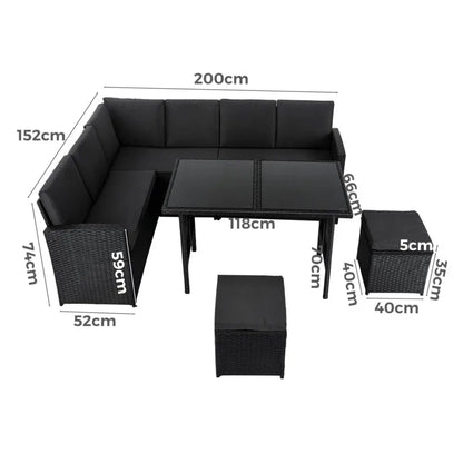 Ella 8-Seater Modular Outdoor Garden Lounge and Dining Set with Table and Stools in Black - Mekamart Australia
