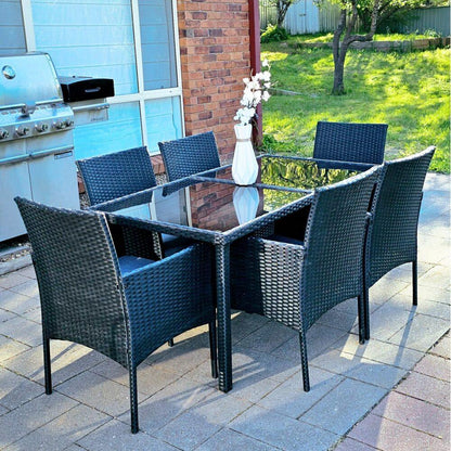 Outdoor Minimalist Black Wicker 6-Seater Dining Set - Mekamart Australia