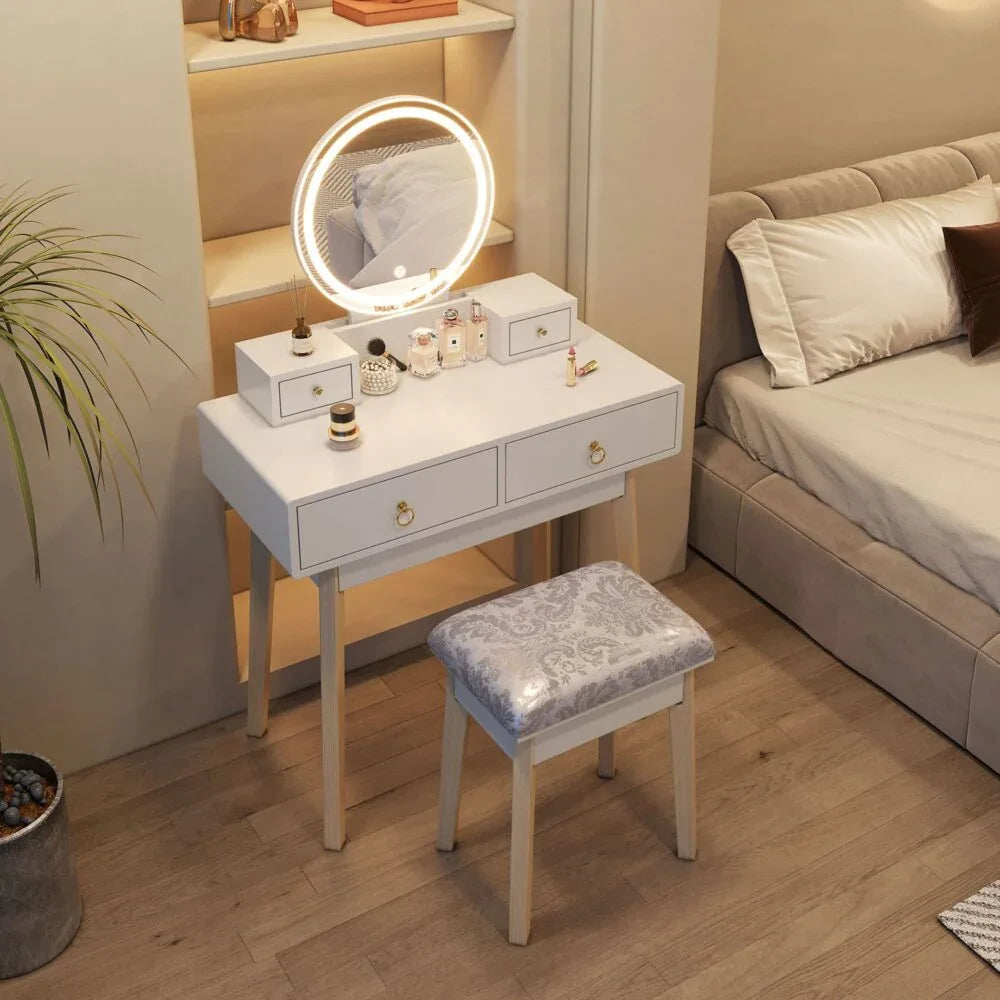 Dressing Vanity Table Stool Set with Make-up LED Lighted Mirror-White - Mekamart Australia