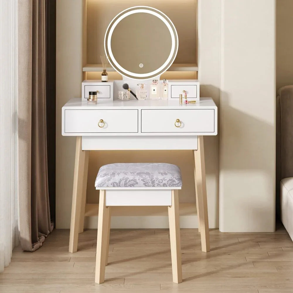 Dressing Vanity Table Stool Set with Make-up LED Lighted Mirror-White - Mekamart Australia