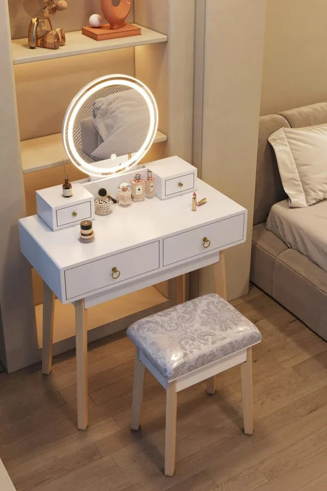 Dressing Vanity Table Stool Set with Make-up LED Lighted Mirror-White - Mekamart Australia