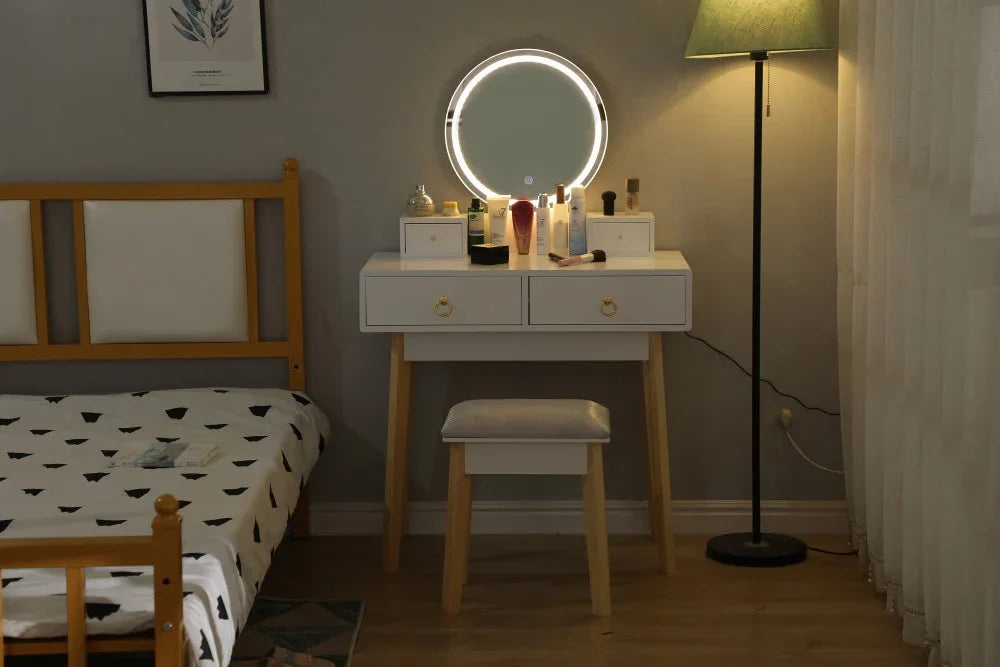 Dressing Vanity Table Stool Set with Make-up LED Lighted Mirror-White - Mekamart Australia
