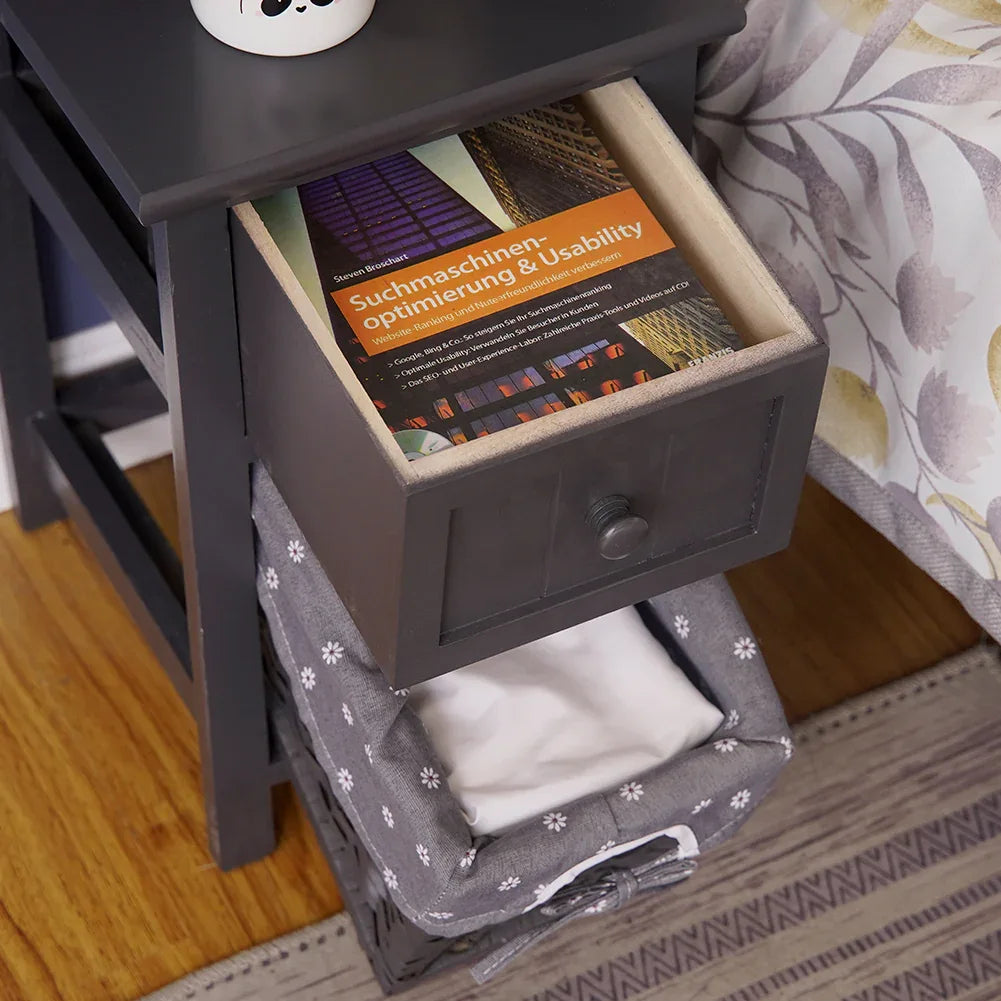 Grey Bedside Table with Wicker Basket - Mekamart Australia