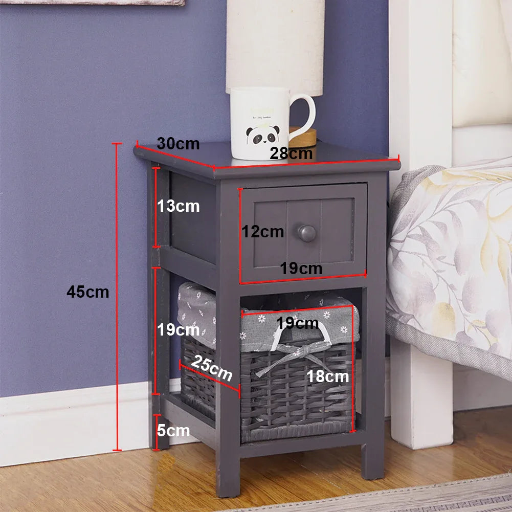 Grey Bedside Table with Wicker Basket - Mekamart Australia