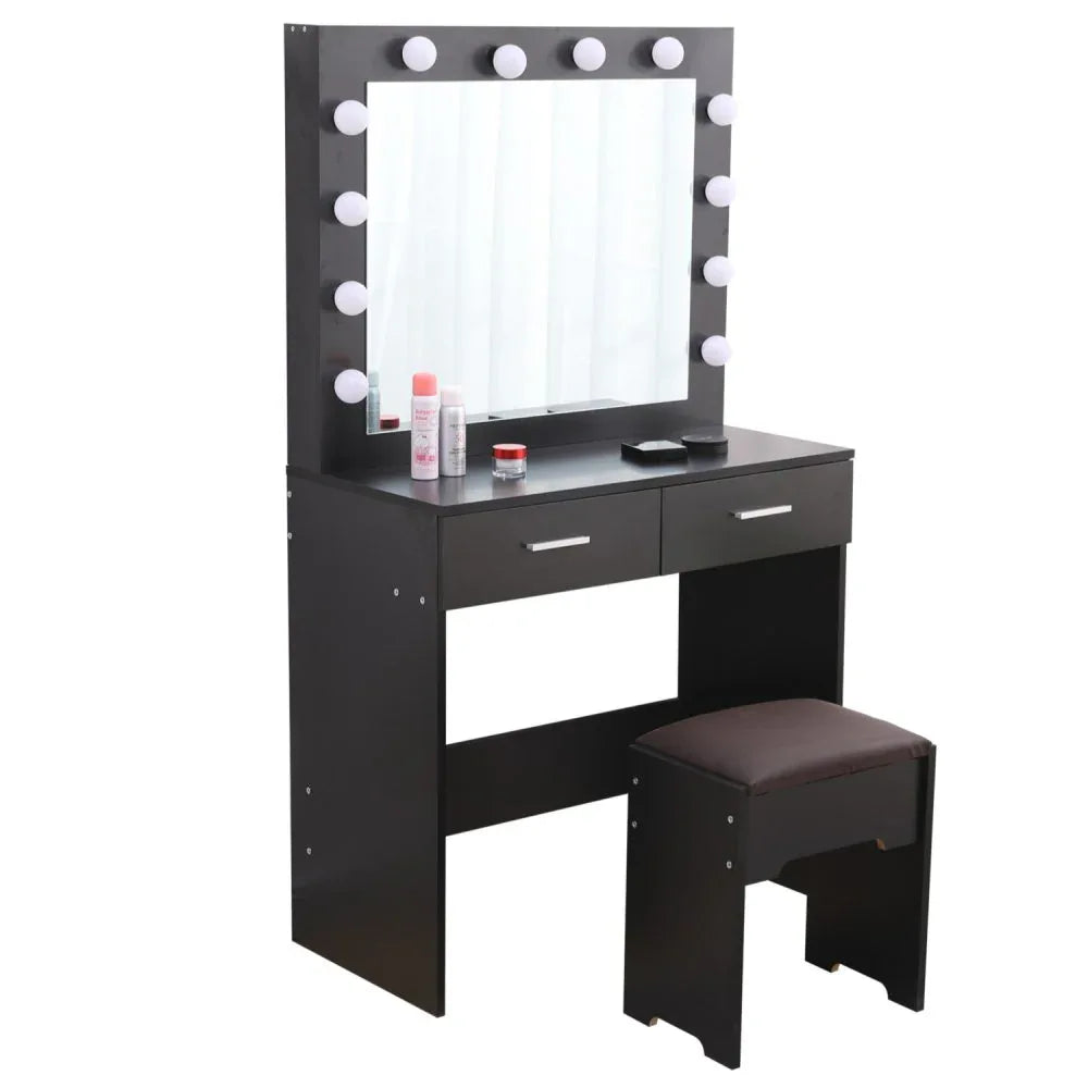 Fidel Vanity Set with Cushioned Stool and Lighted Mirror- Black - Mekamart Australia
