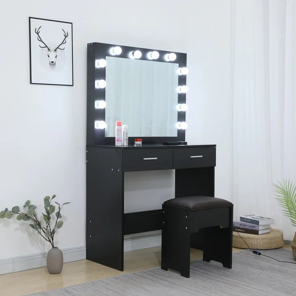 Fidel Vanity Set with Cushioned Stool and Lighted Mirror- Black - Mekamart Australia