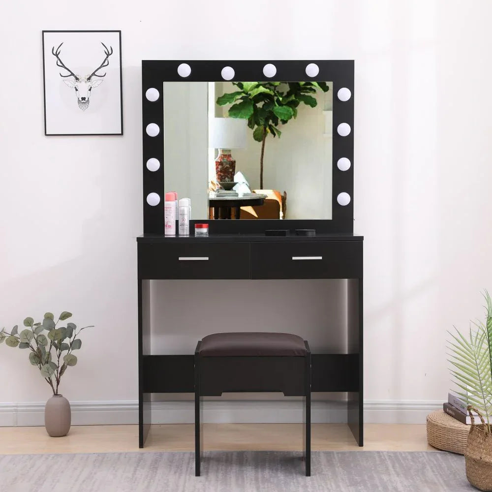 Fidel Vanity Set with Cushioned Stool and Lighted Mirror- Black - Mekamart Australia