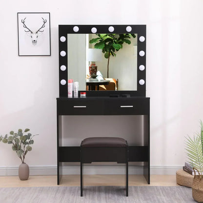 Fidel Vanity Set with Cushioned Stool and Lighted Mirror- Black - Mekamart Australia