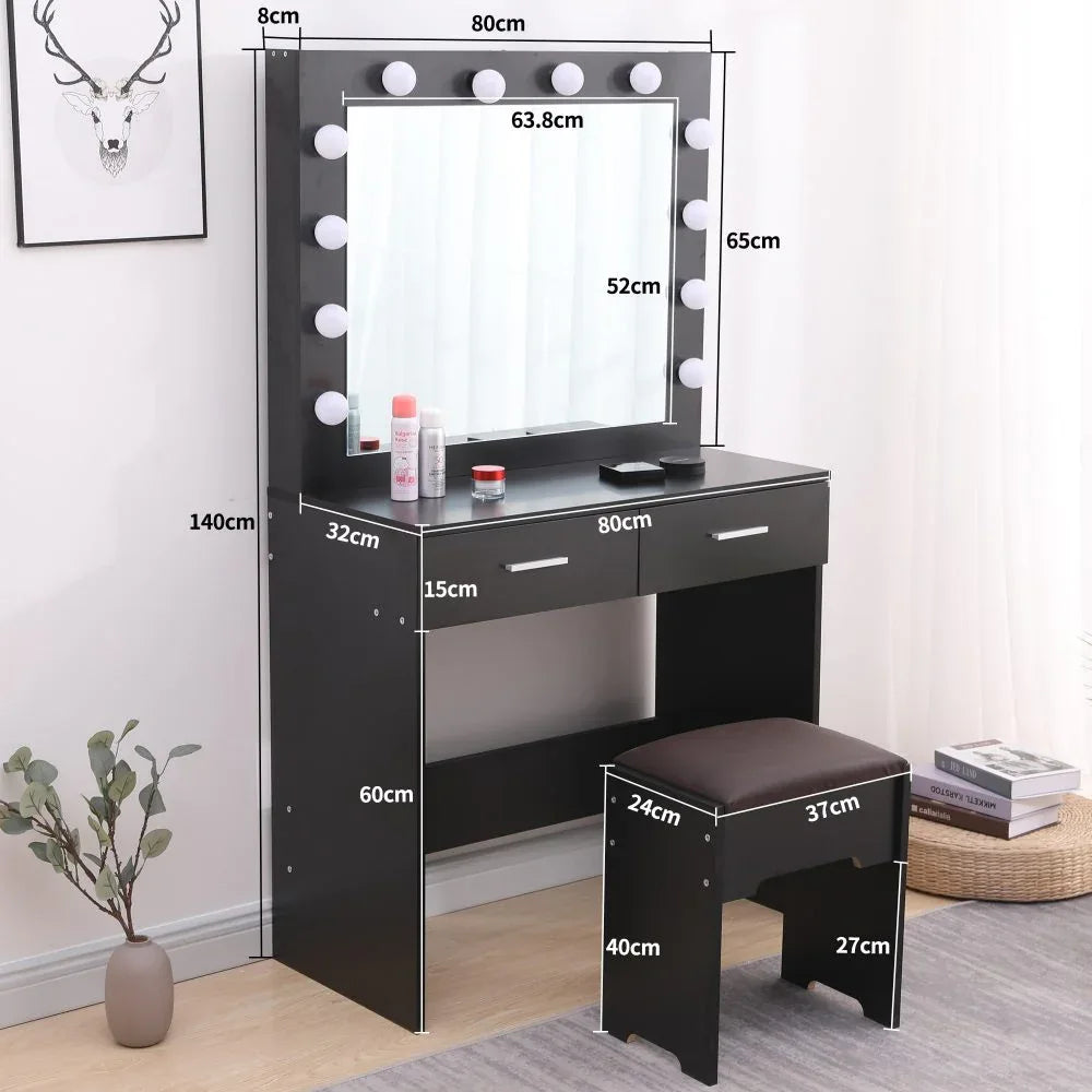 Fidel Vanity Set with Cushioned Stool and Lighted Mirror- Black - Mekamart Australia