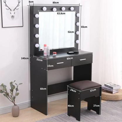 Fidel Vanity Set with Cushioned Stool and Lighted Mirror- Black - Mekamart Australia
